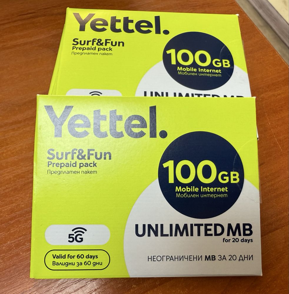 Мобилна Yettel сим карта 60 дни с включен неограничен интернит+ 100 GB