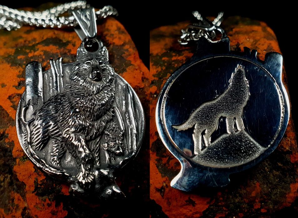 Lant cu pandantiv lup leu si bufnita din otel inoxidabil