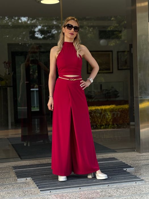 Дамски червен костюм с пола-панталон XS-XL