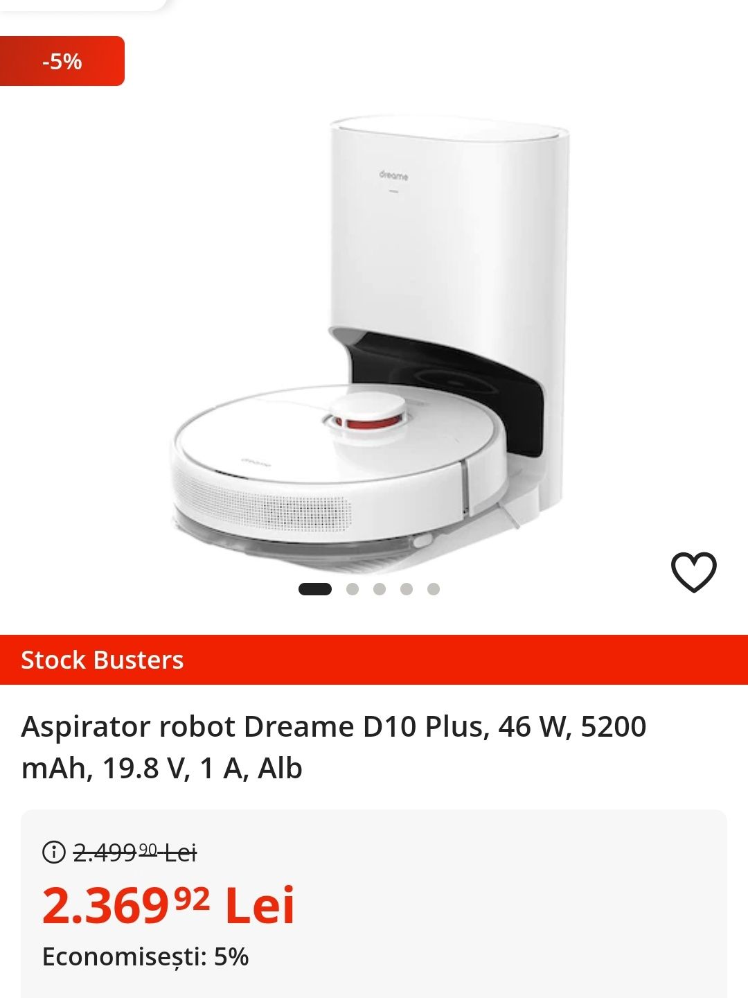 Aspirator robot Dreame D10 Plus, 46 W, 5200 mAh, 19.8 V, 1 A, Alb