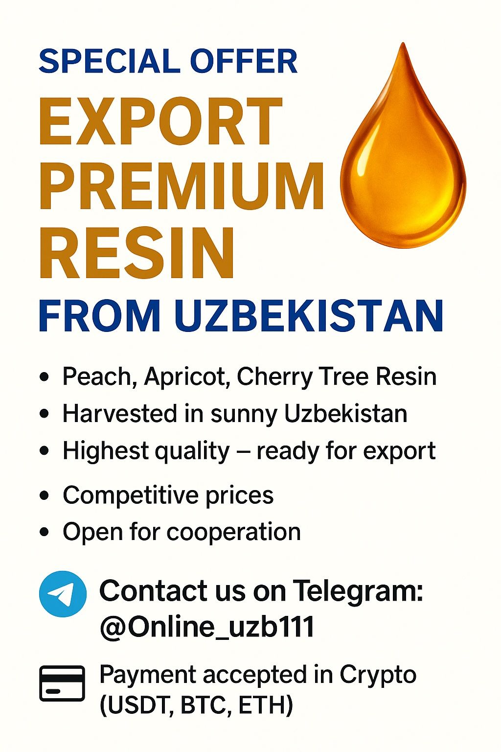 Export Premium Resin from Uzbekistan

Peach, Apricot, Cherry Tree Resi