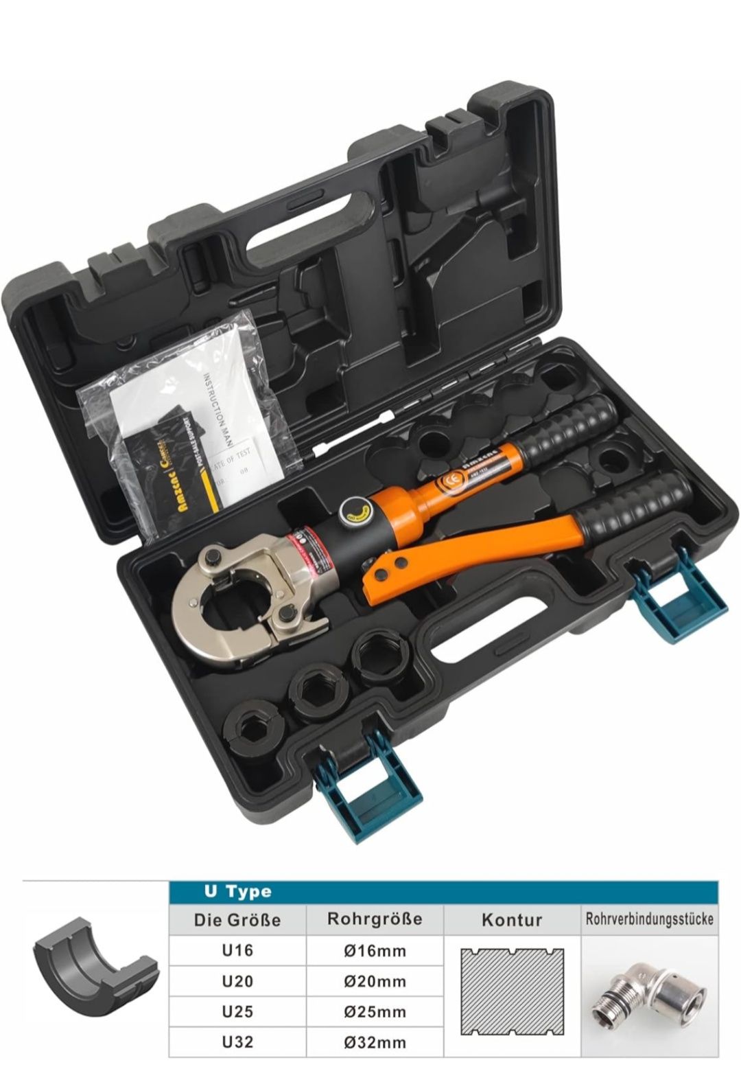 Set Clește de Sertizare U-Shape 16/20/25/32 mm, Cap Rotativ 360°