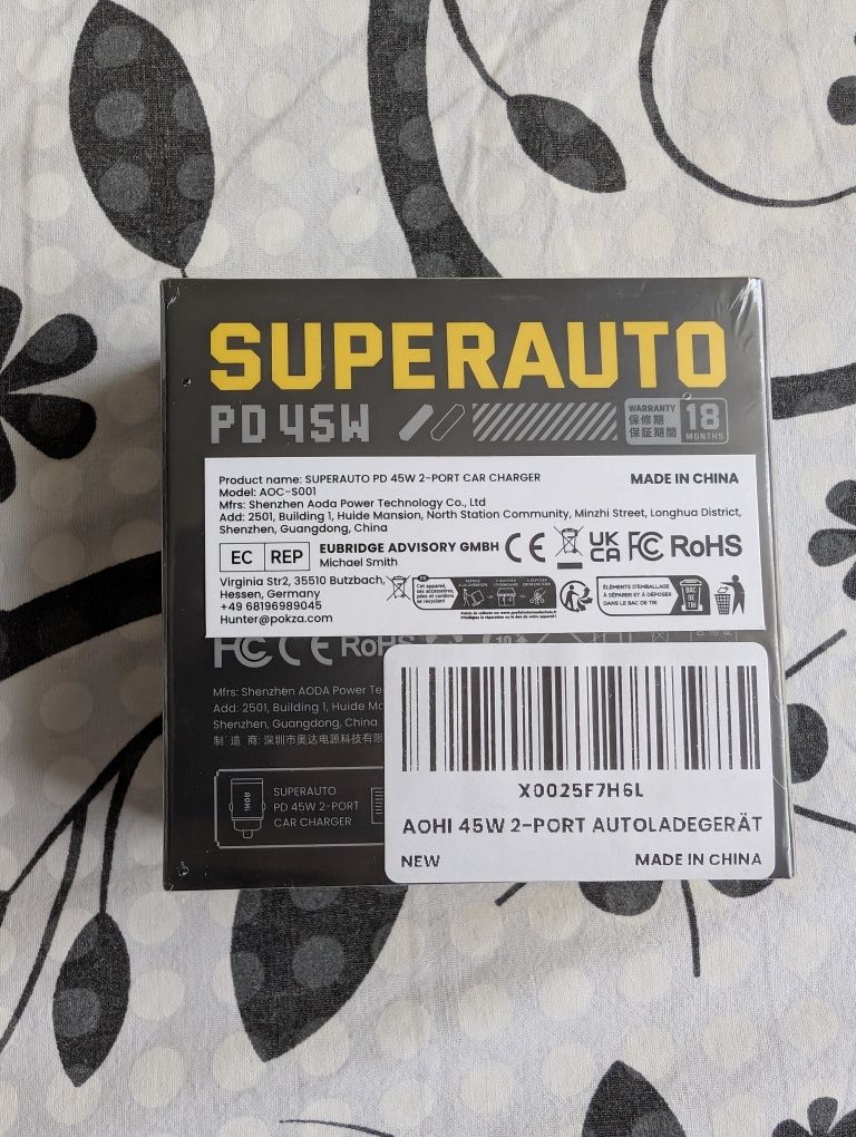 AOHi superauto PD 45W 2 port зарядно за телефон за кола