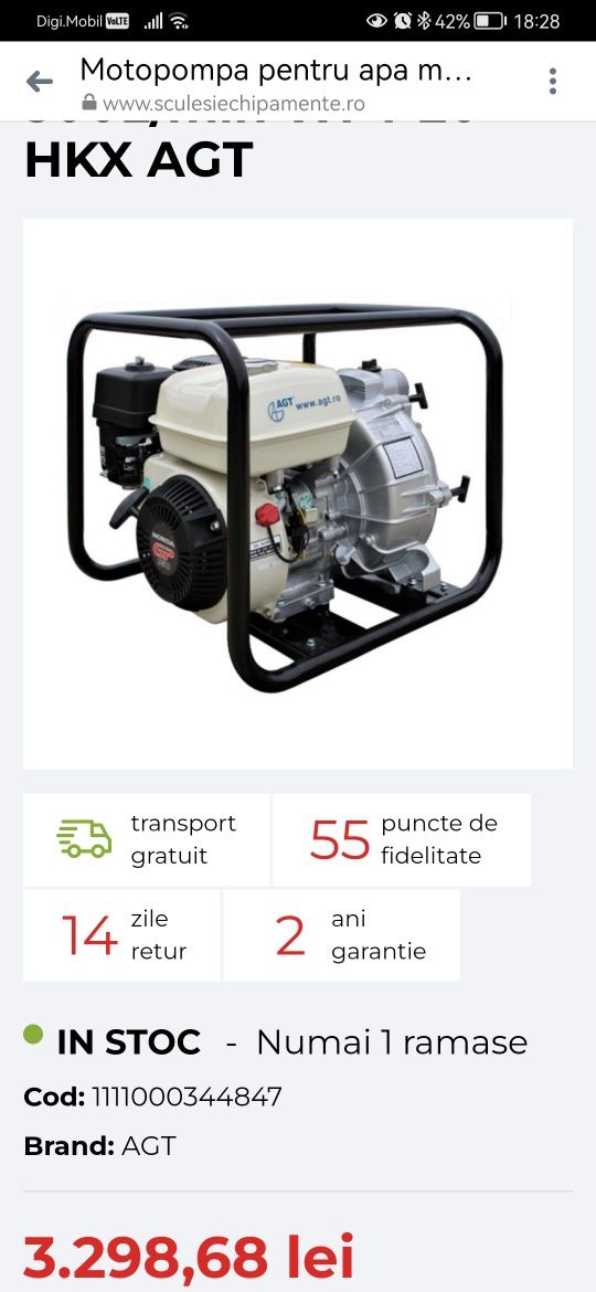 Motopompa pentru apa  5.5CP 500L/min WPT 20 HKX AGT