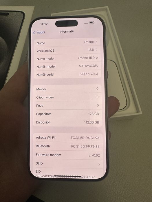 iPhone 15 Pro alb impecabil, 128 GB, baterie 88%, fără defecte