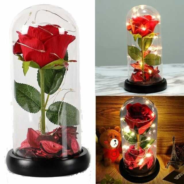 Вечна неувяхваща роза в стъкленица СВЕТЕЩА LED Оригинален Жена 8 МАРТ