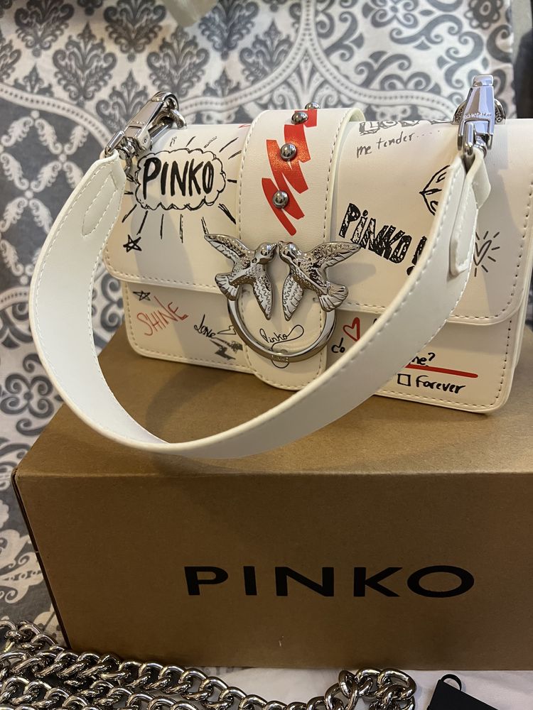 Дамска чанта Pinko Love Graffiti Tracolla в бяло/ графити