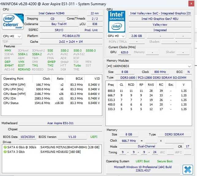 Laptop Acer ES1-311 Intel N2840 Gen4 SSD Super slim 13,5 inch