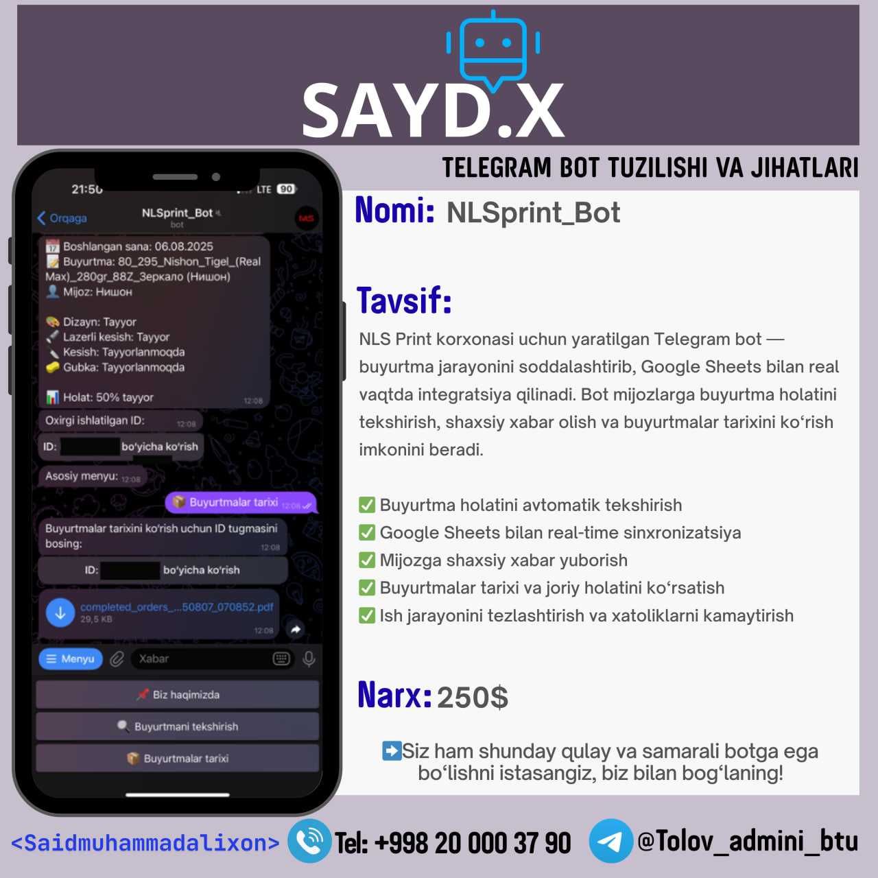 Telegram bot tuzish va sayt, mini ilova, moliyaviy xizmatlar, sheets