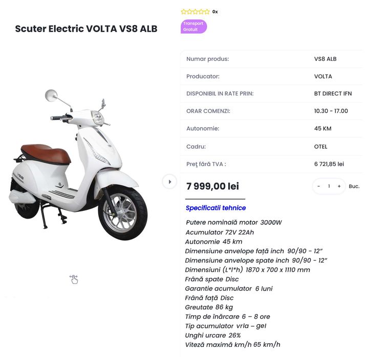 Scuter electric VOLTA VS8, 72 V, 3000-5000W, puțin rulat