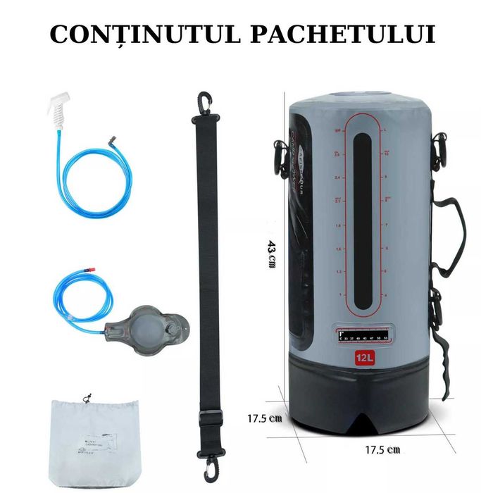 Sac de Dus Portabil pentru Camping, cu Popa de Picior, Rezervor 12 L