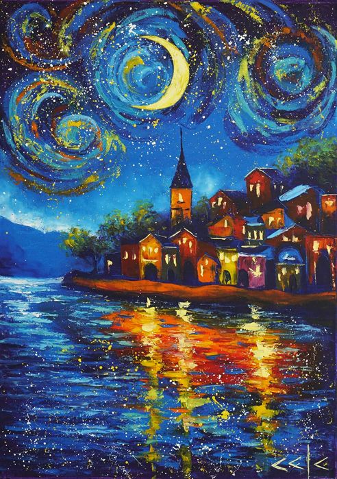 "Вълшебна нощ" Картина 70х50см, Маслена живопис с шпакла