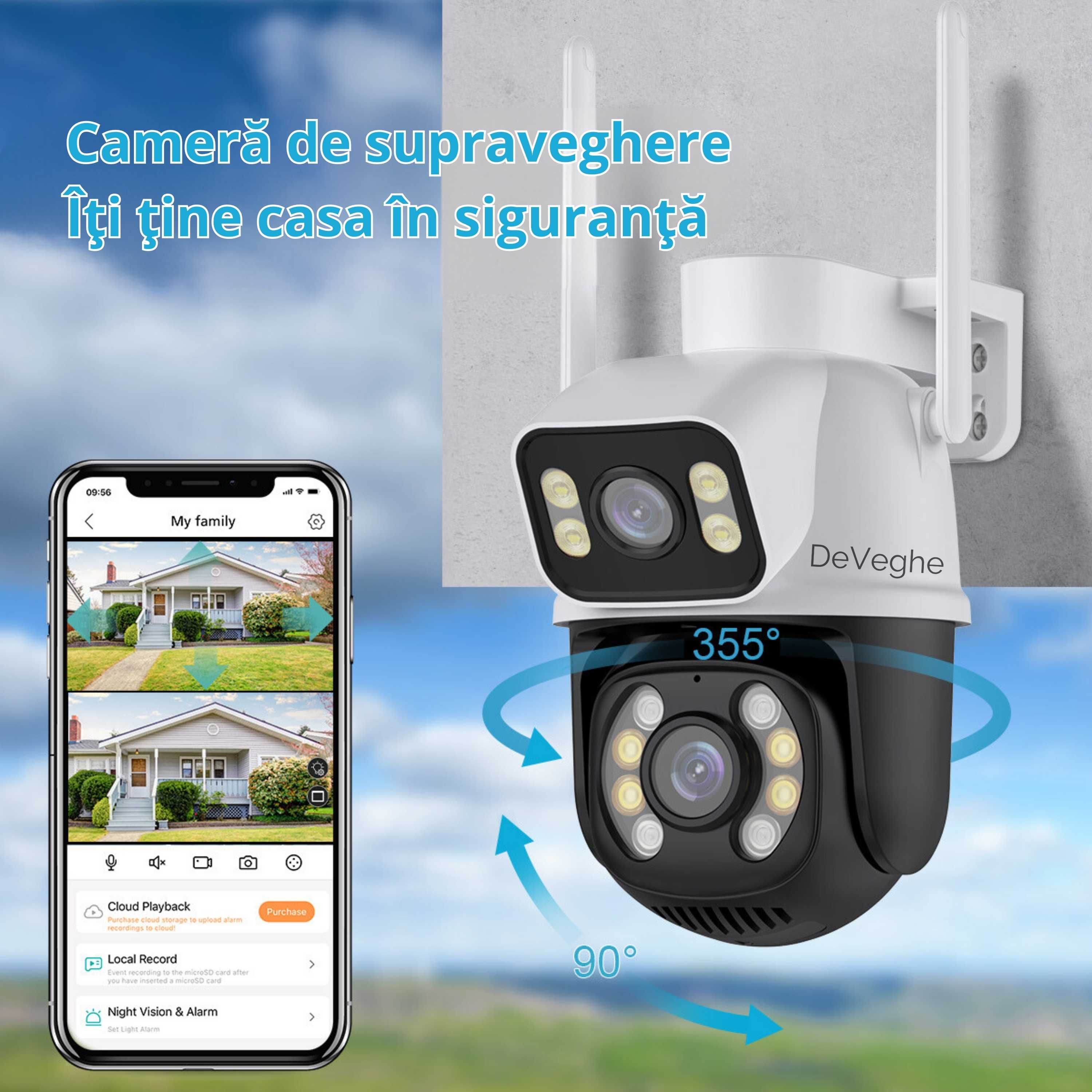 Cameră supraveghere dublă WiFi DeVeghe 8 MP, Ultra HD, Zoom 5x Negru