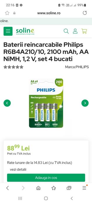 Baterii reincarcabile Philips R6B4A210/10, 2100 mAh, AA