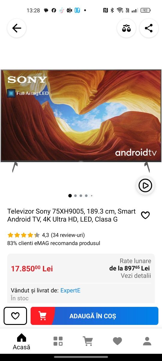 Vând Televizor Smart 4 k 189 cm impecabil Sony Bravia