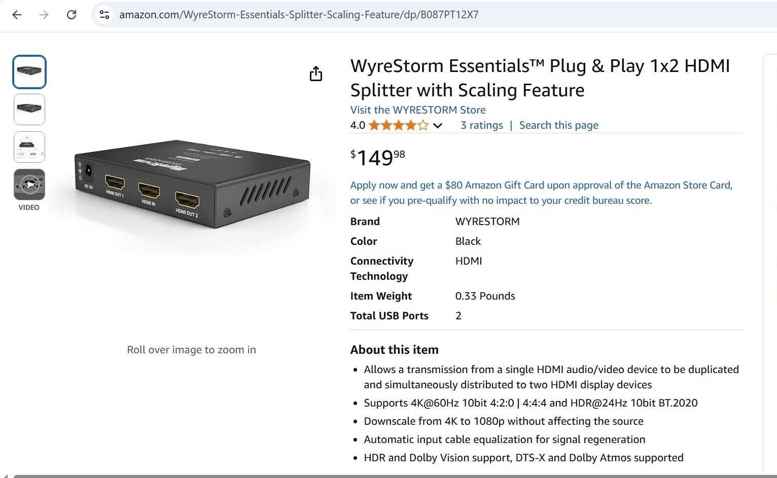 Splitter HDMI 4K 60Hz 1-la-2 WyreStorm, nou - sigilat