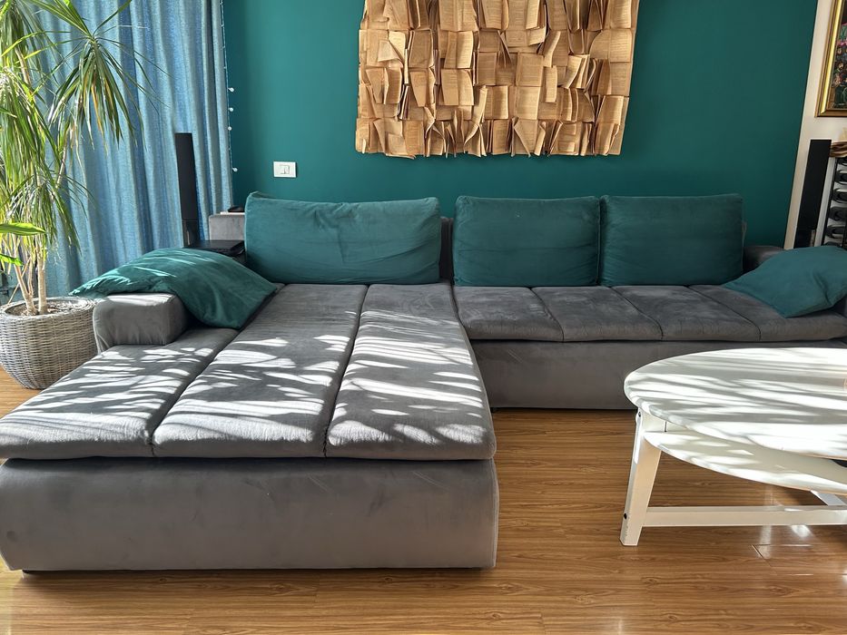 Vand coltar living gri extensibil cu lada de depozitare 310x210 cm,