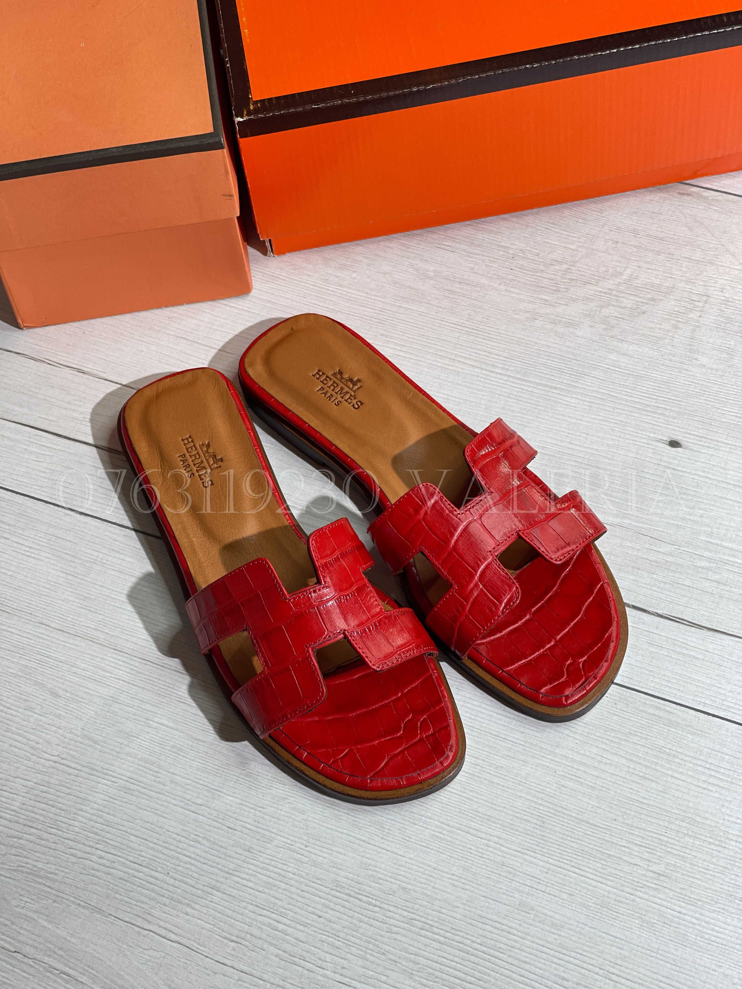 Papuci/Slapi Piele Naturala 3RM$ - rosii si navy