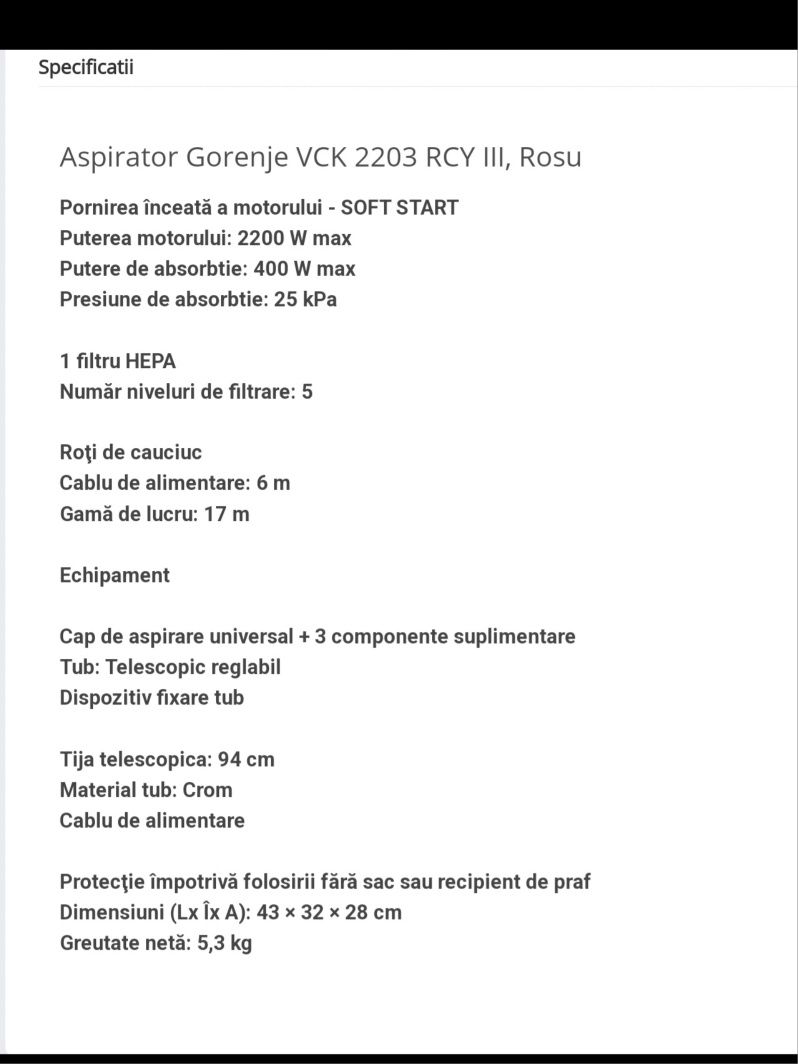 Aspirator Gorenje VCK 2203 RCY III ROSU + accesorii