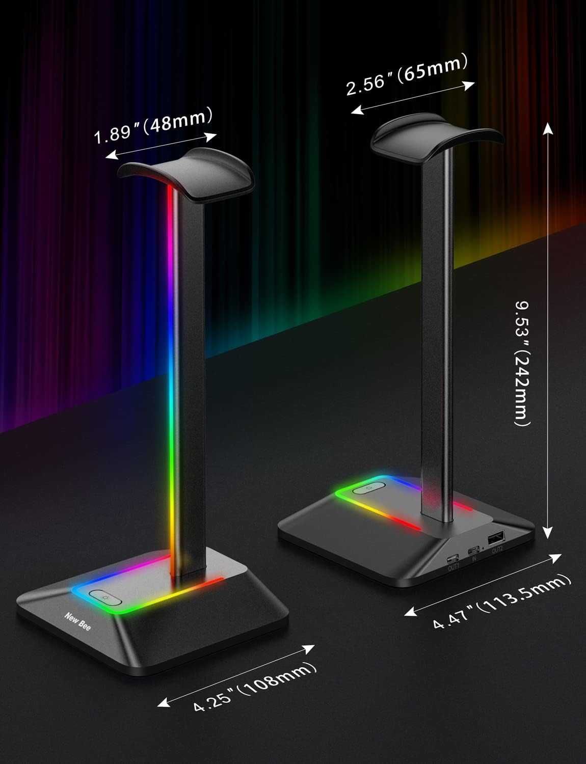 New BEE RGB стойка за слушалки с LED подсветка и зарядни портове