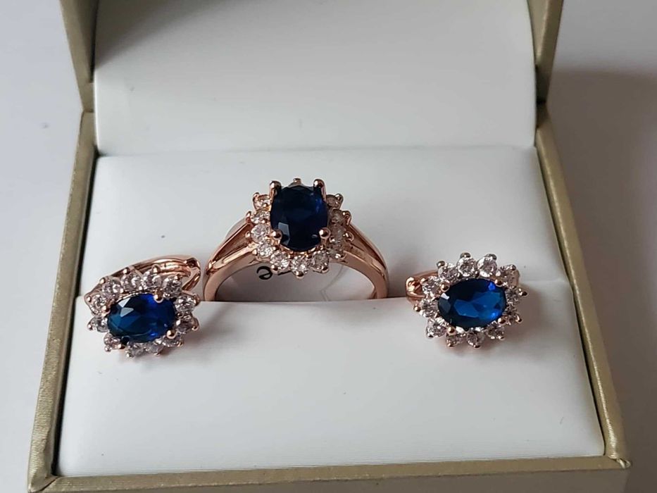 GR72, inel placat cu aur 18k,nou/marcat, stil epoca,zirconiu alb/safir