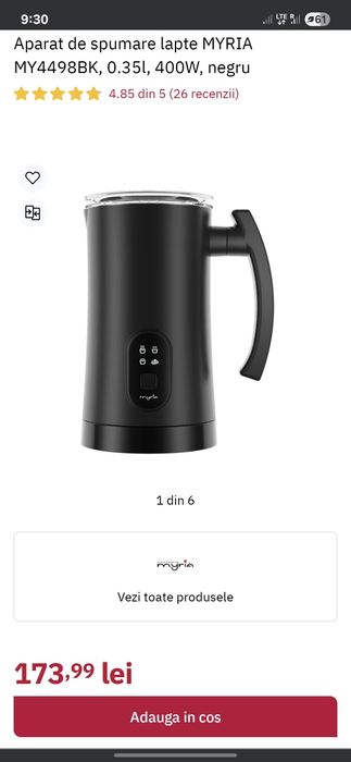 Aparat de spumare lapte MYRIA MY4498BK, 0.35l, 400W, negru