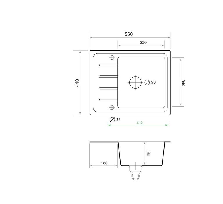 Кухненска Мивка от Гранит  Копенхаген Easy 440 x 550 - Сива