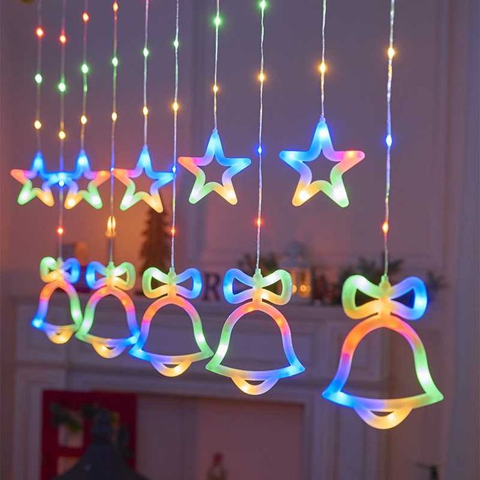 Коледни лампички LED завеса 3.5м x 1м с камбанки и звездички шарена