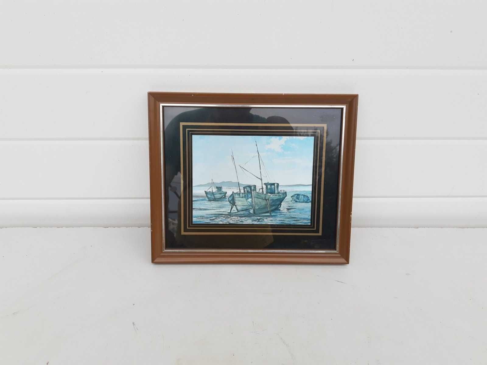 Стара картина в рамка и паспарту зад стъкло. Рибарски лодки. Холандия
