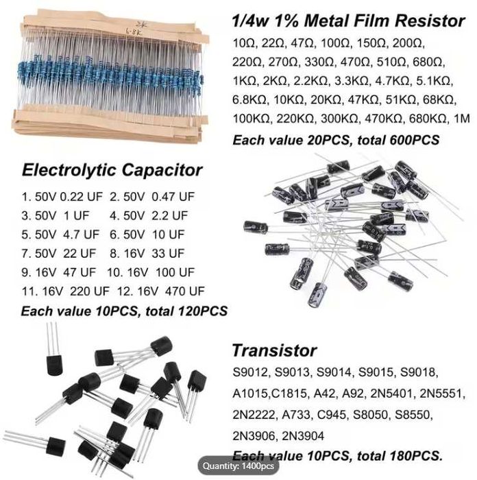 Pachet 1400 piese electronice rezisotri tranzistori cond Arduino DIY