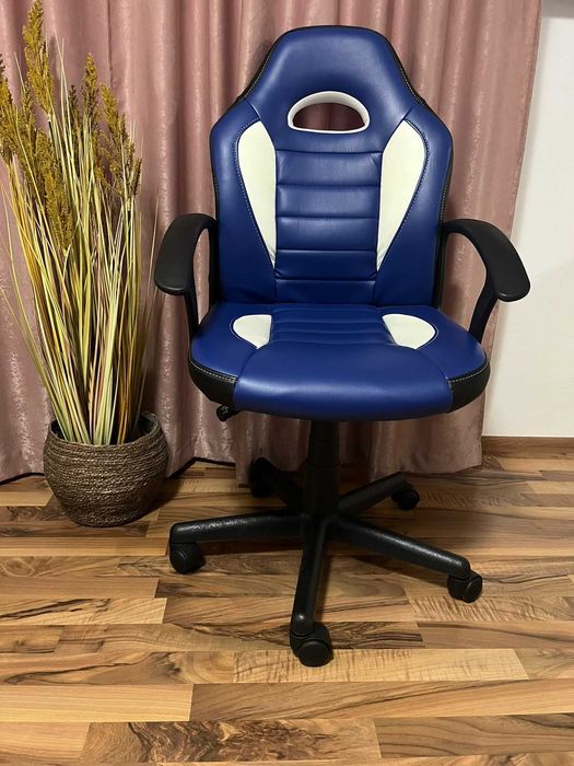 Scaun piele pentru birou, gaming, albastru-alb