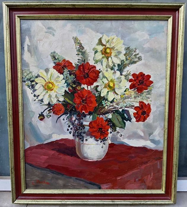 Tablou vechi - vaza cu flori - semnat C. Baba