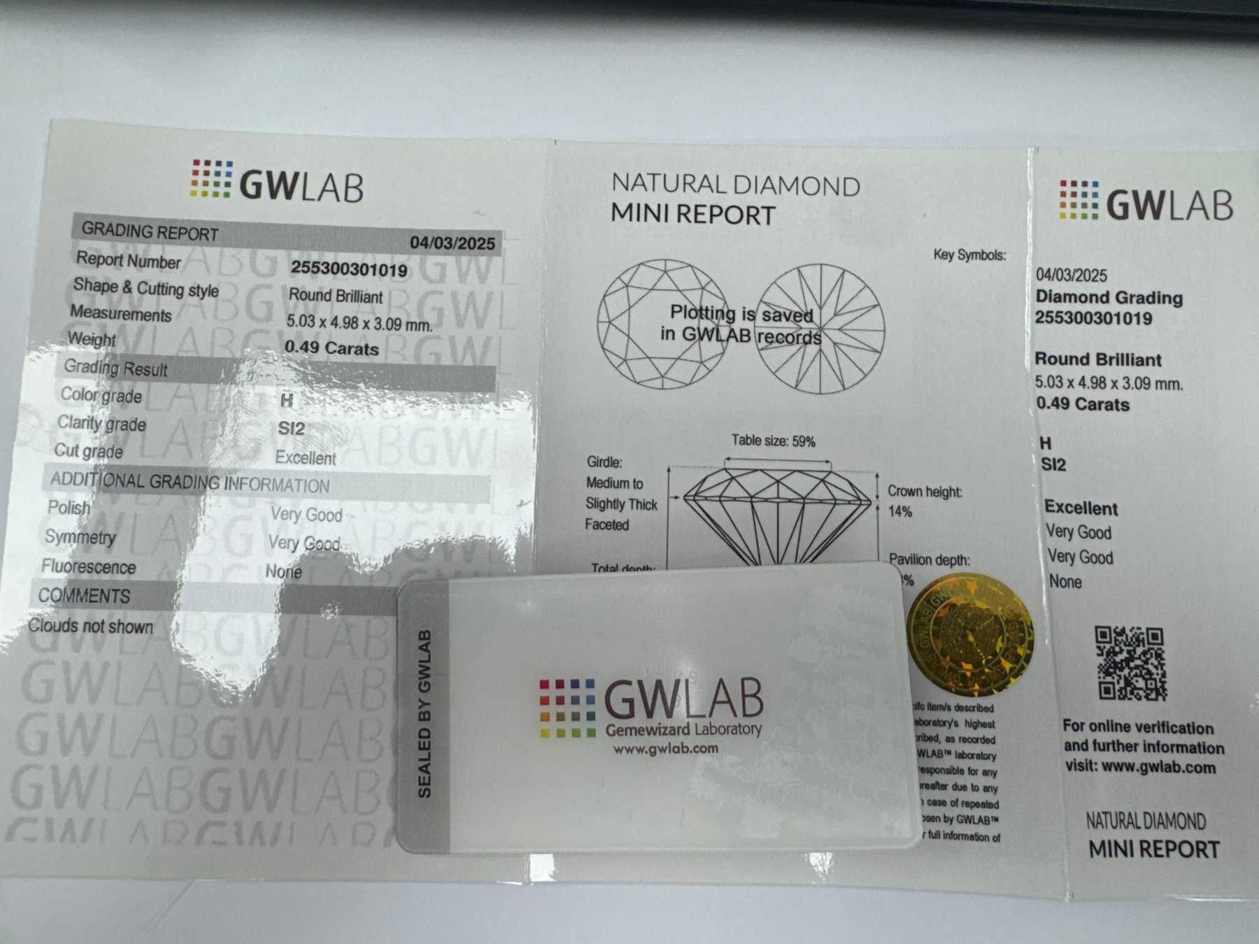 Inel aur alb 14K, Diamant natural certificat 0.49ct