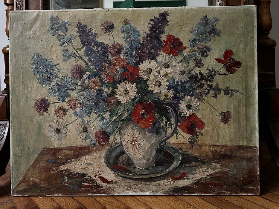Pictura veche mare cu flori in vaza