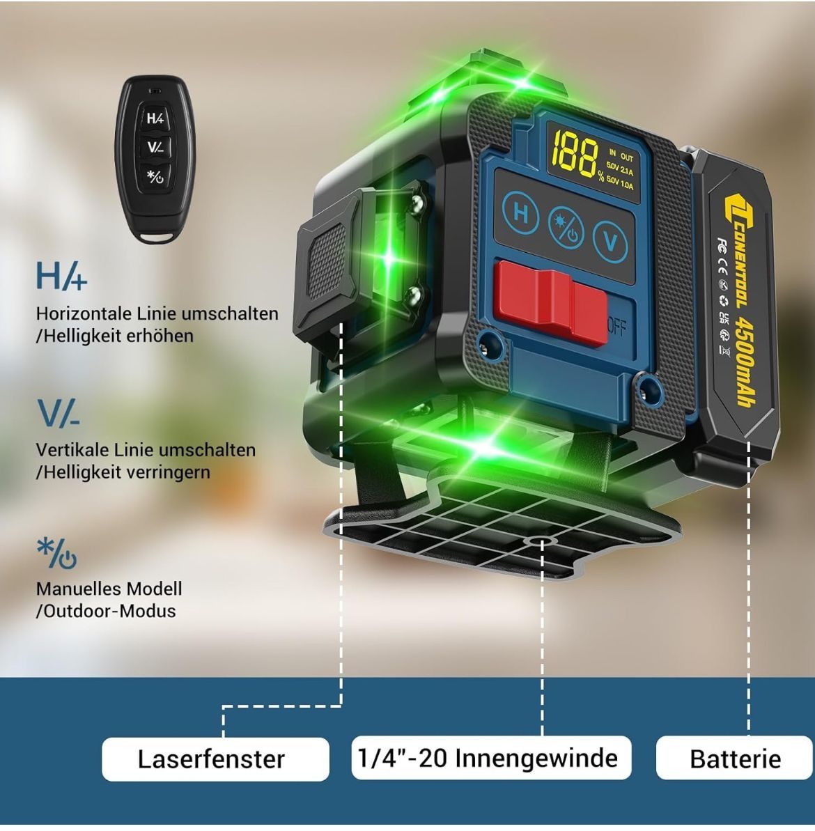 CONENTOOL Laser în cruce, 4 x 360° cu rază verde, 2 baterii 4500 mAh