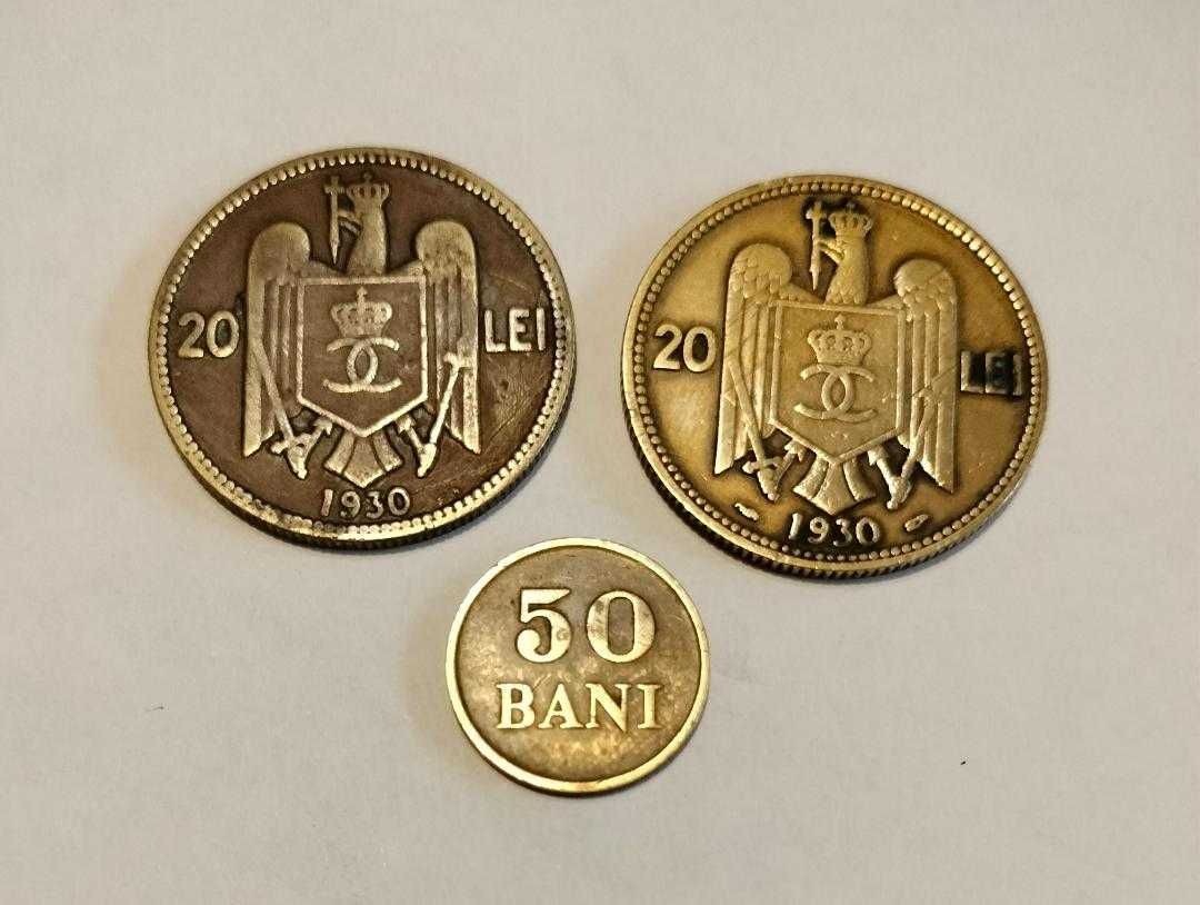 Monede 20 lei 1930KN(RARA);20 lei 1930P, Carol ll;50 bani 1947 Mihai l