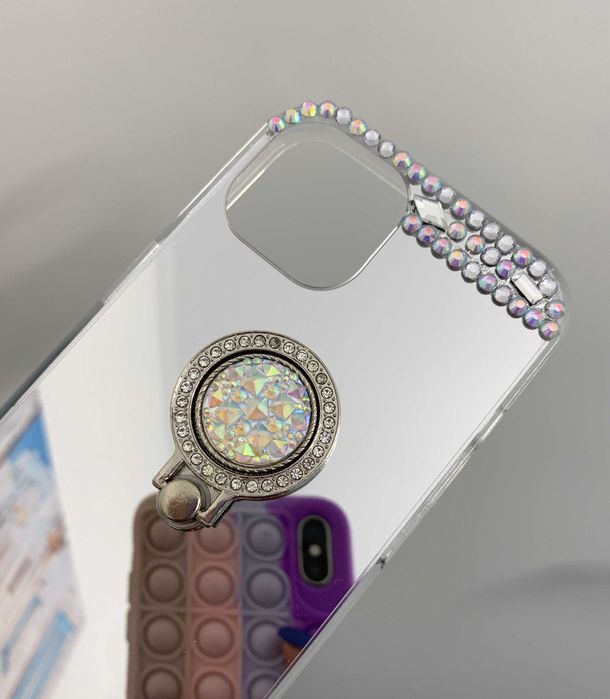 Husa tip  oglinda cu pietricele si inel pentru iPhone 14 / 14 Plus
