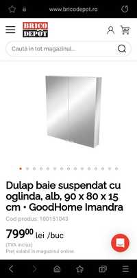 Dulap baie suspendat cu oglinda, 90 x 80 x 15 cm • GoodHome Imandra