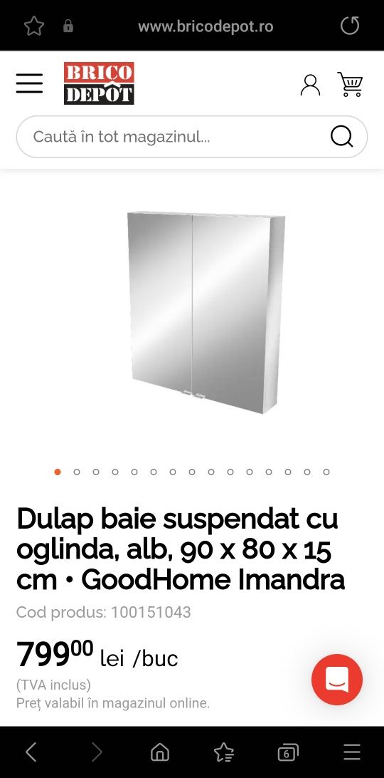 Dulap baie suspendat cu oglinda, 90 x 80 x 15 cm • GoodHome Imandra