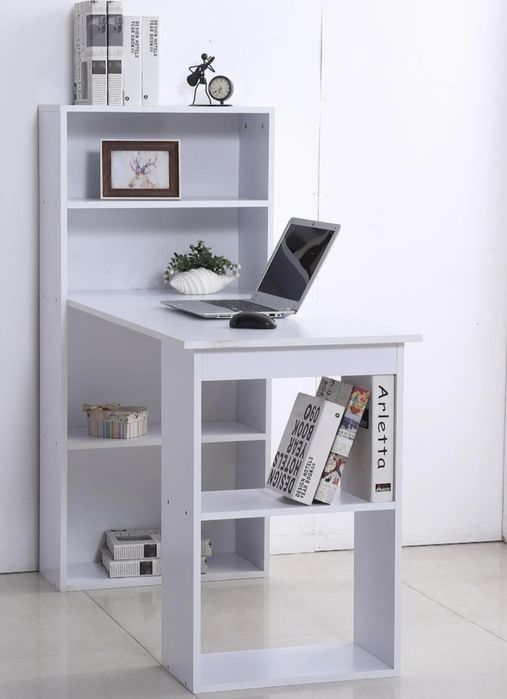 Birou modern cu biblioteca din lemn, 120 x 55 x 120 cm, Alb