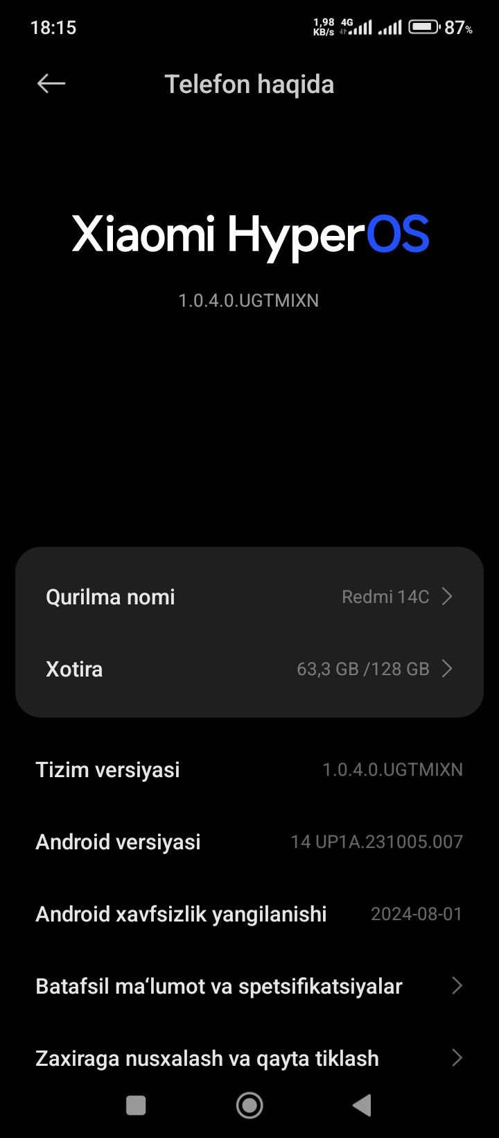 redmi 14c xotira 128 talik