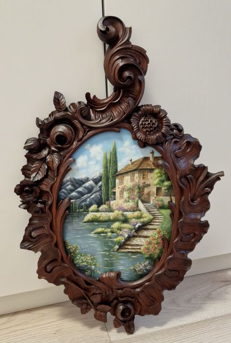 Tablou pictat cu rama de lemn sculptata