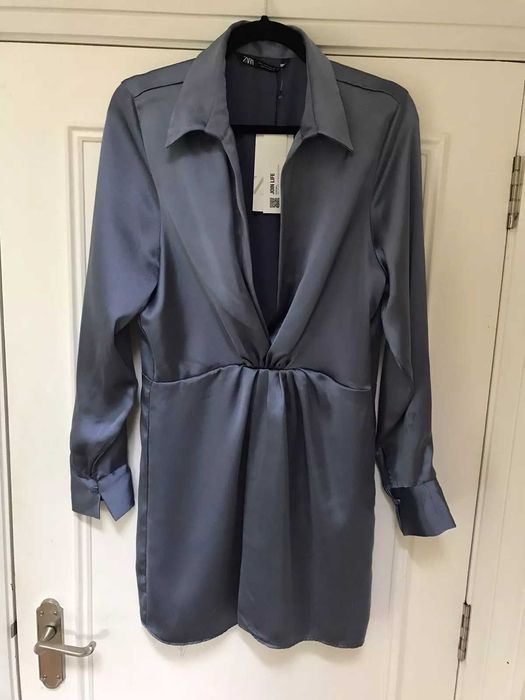 Zara rochie mini maneca lunga gri petrol bleu / gri noua satin decolte