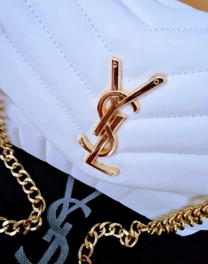 Geanta Ysl alb imaculat ,logo metalic, saculet, etichetă