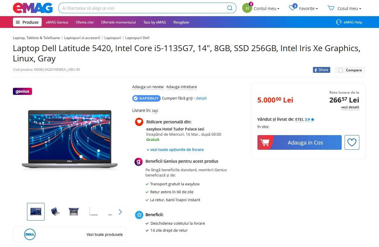 Laptop Dell Latitude 5420, Intel  i5-1135G7, 14", 8GB, SSD 256GB