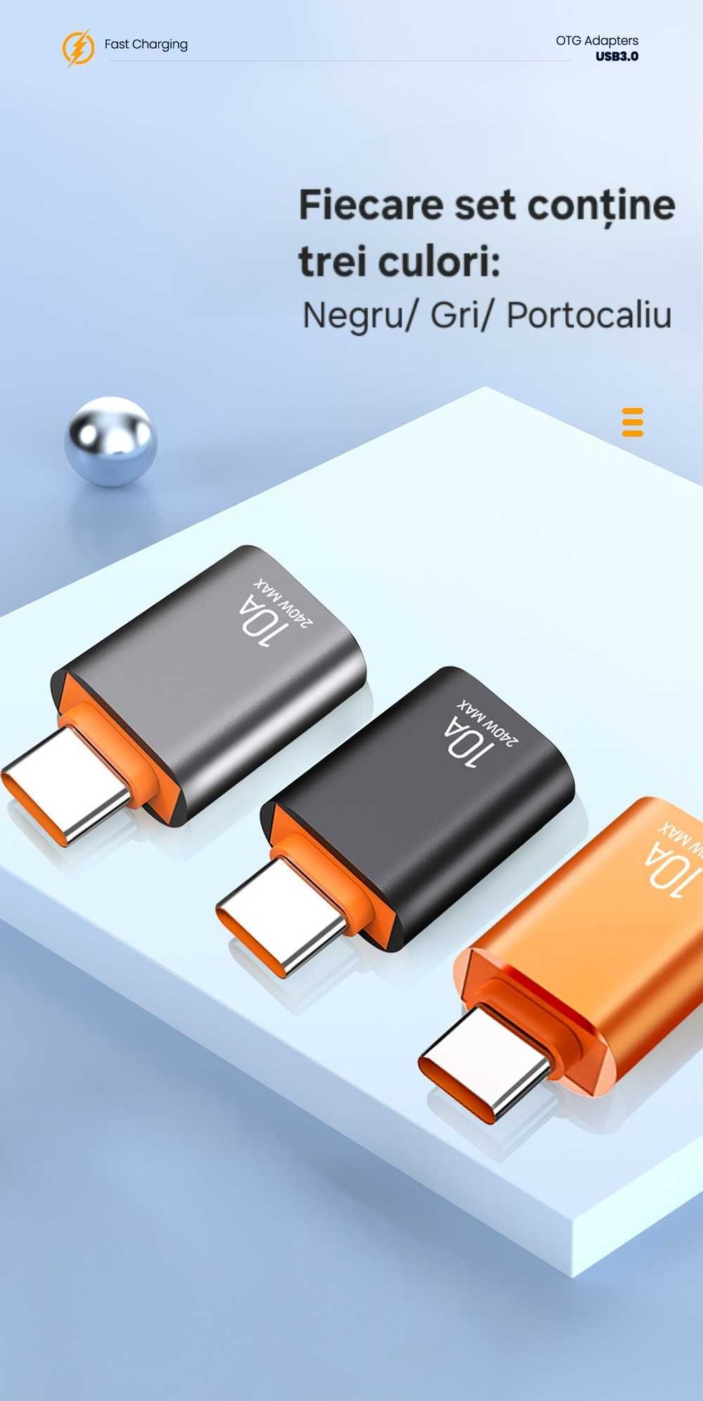Set 3 adaptoare 10A USB A la USB C, aluminiu, 3 culori