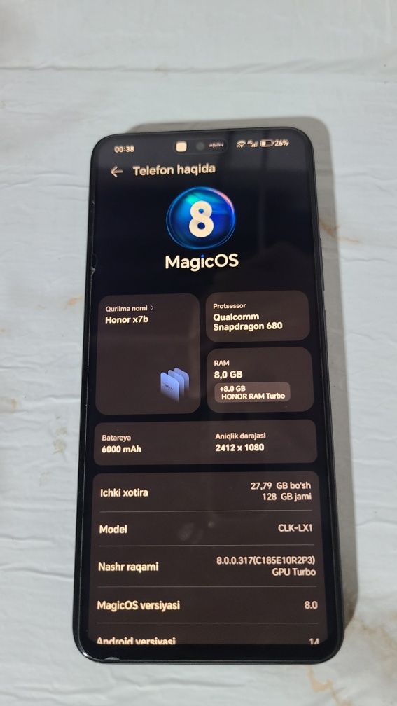 Honor X7b smartfon sotiladi.

Xotira 128 GB, operativ xotira 8+8 GB. K