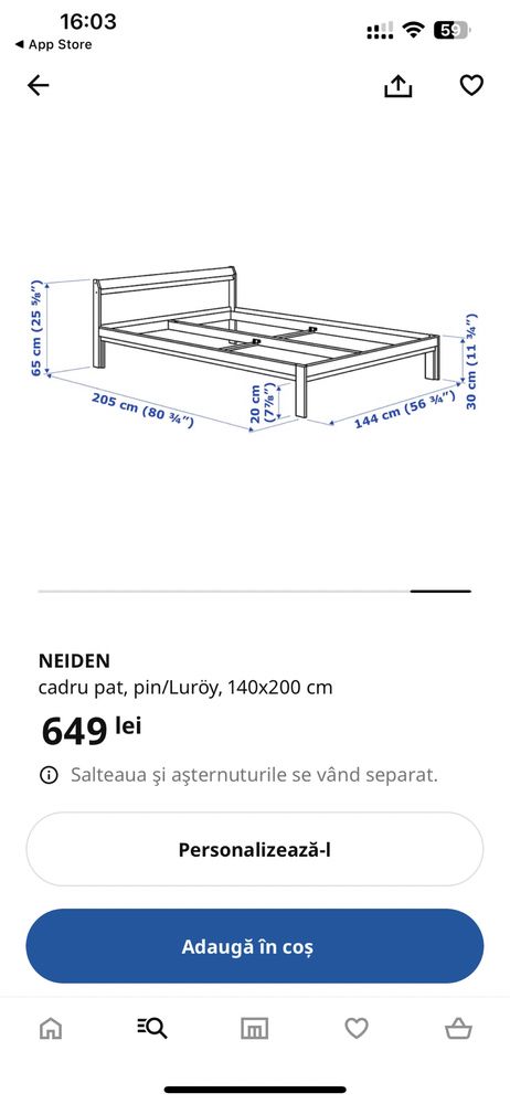 Cadru pat (IKEA) tip NEIDEN, pin, 1400x2000