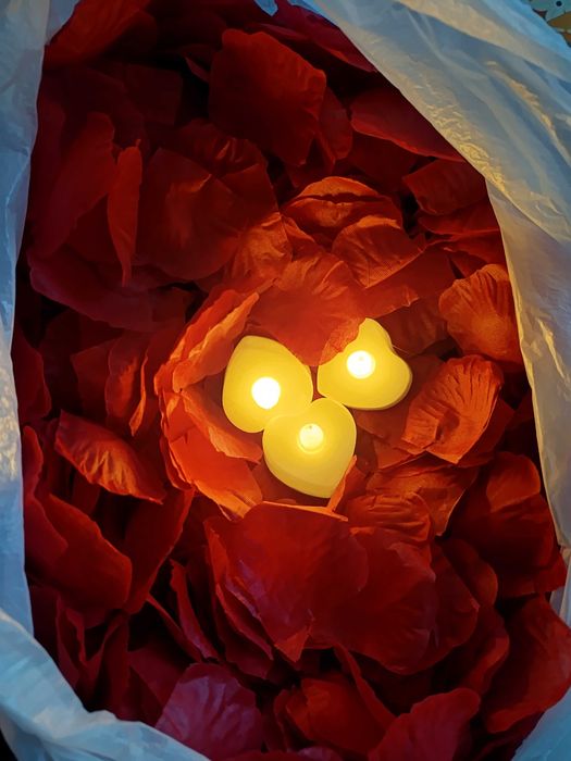 1000 листа от рози с 20 свещи във формата на сърце