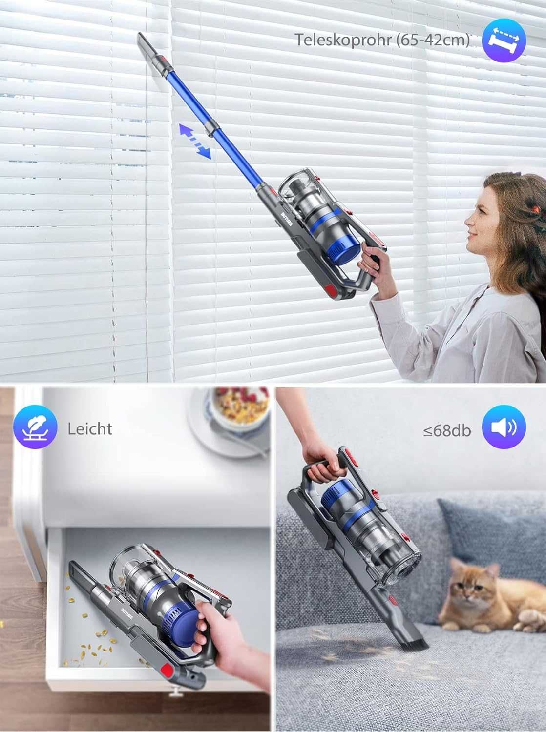 Мощна вертикална прахосмукачка BuTure JR500, 450W, до 55мин,LED,Animal